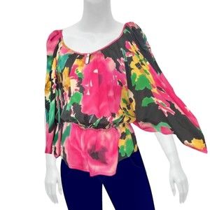 Anthropologie M Black Colorful Floral Puff Sleeve Silk Vintage Peplum 90s Blouse